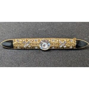 Vintage Gold Tone‎ Rhinestone Bar Brooch – Black Enamel Tips Victorian Revival
